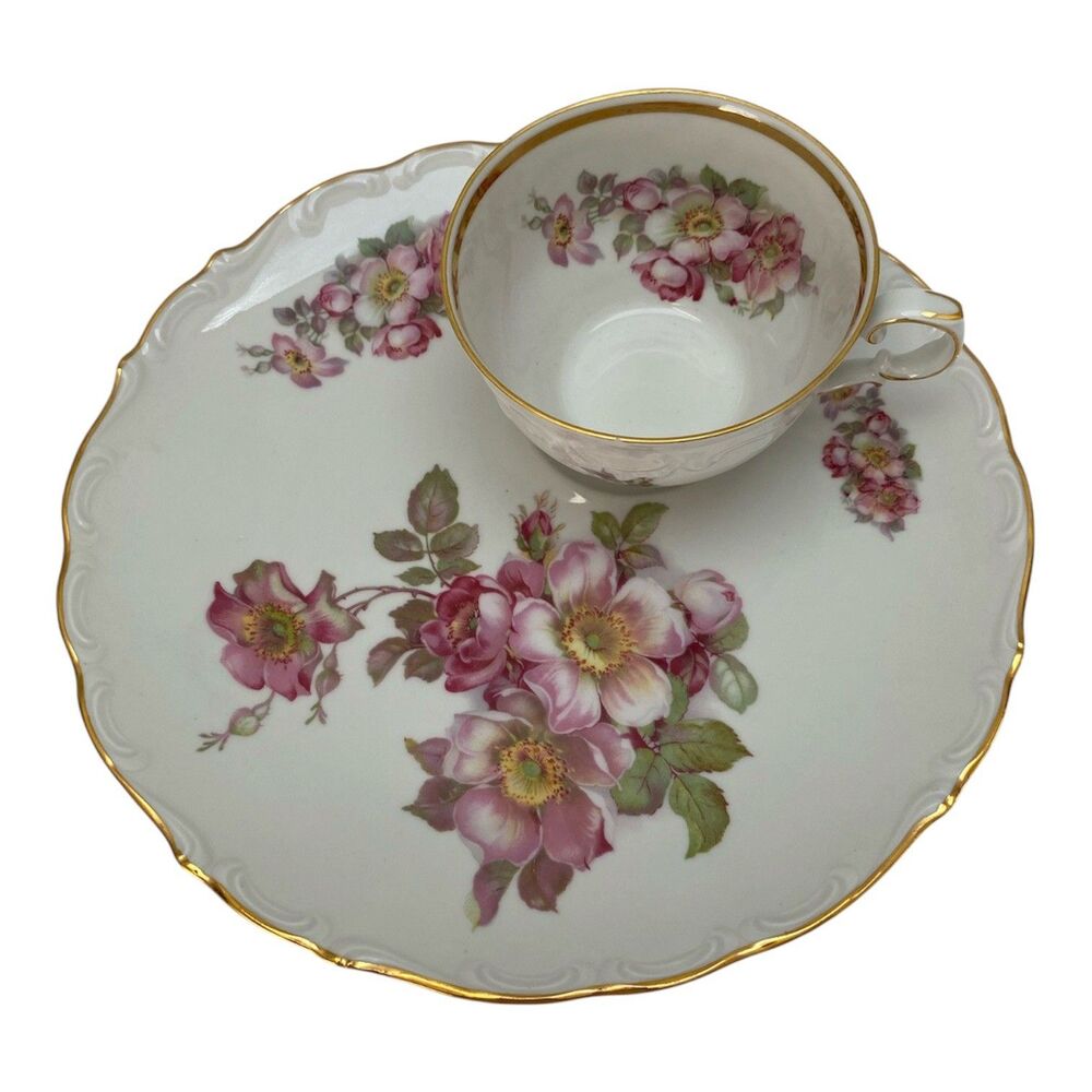 Vintage 1960s Schumann Arzberg Wild Rose Snack Plate and Teacup Set 9 1/4"